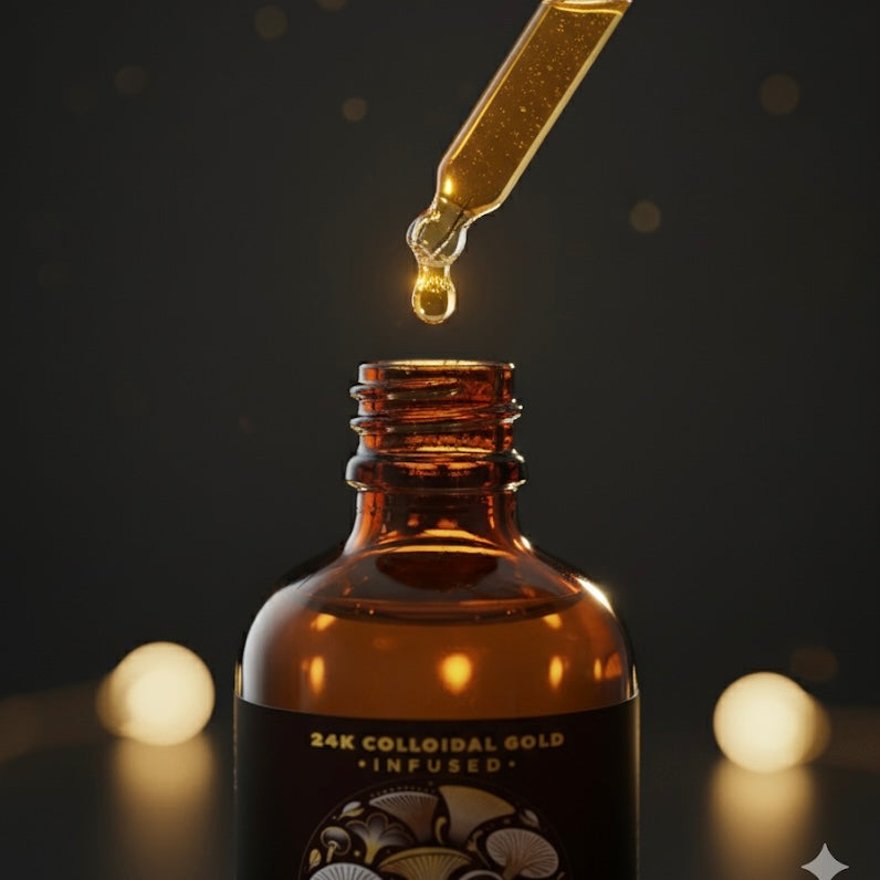 Brown bottle labeled '24K Colloidal Gold Infused' with a dropper dripping gold liquid against a dark background.
