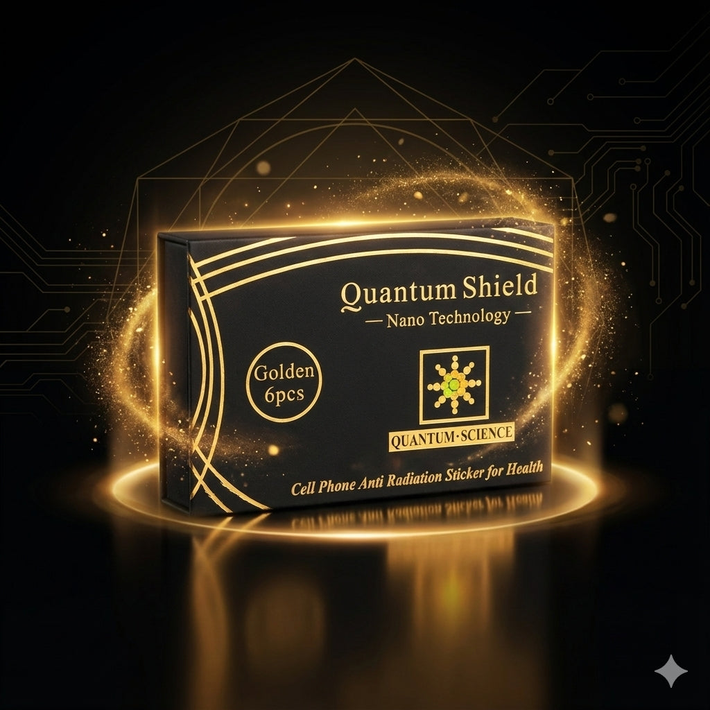Box of Quantum Shield Nano Technology phone stickers with glowing effects on a dark background