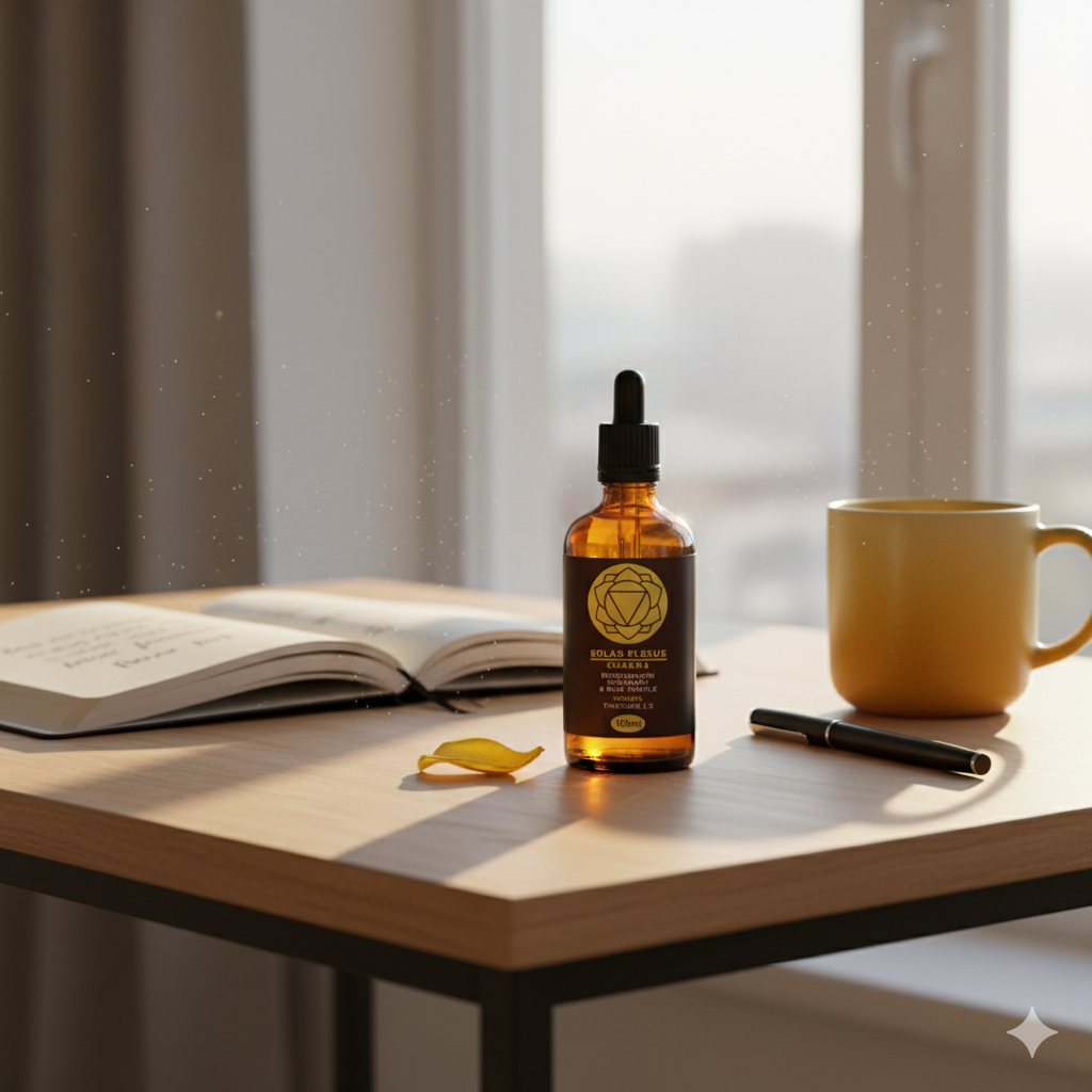 Bottle of Wilder Phoenix tincture on a table with an open book, yellow mug, and pen.
