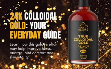 Bottle of True Colloidal Gold with glowing gold particles on a dark background