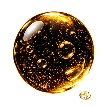 A glossy golden liquid droplet with embedded glitter sits on top of a pile of dark brown powder against a white background.