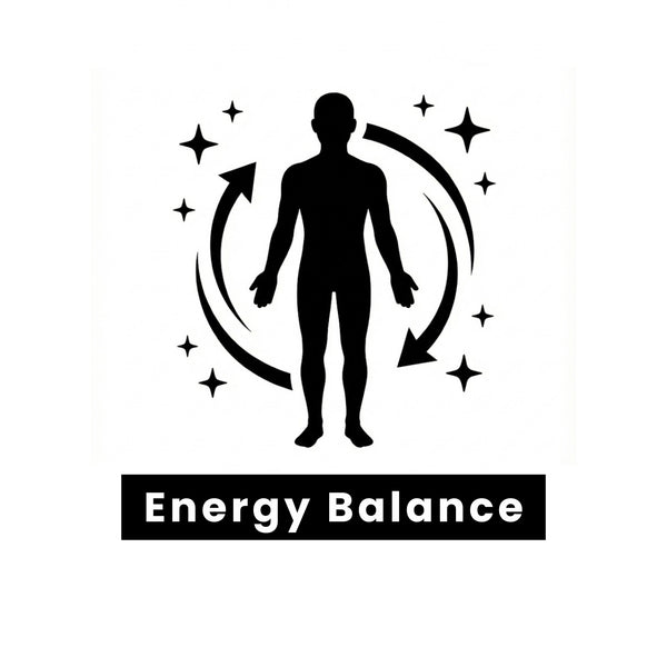 Copper bracelet benefit silhouette of a person with energy arrows and stars around, labeled 'Energy Balance' on a white background.