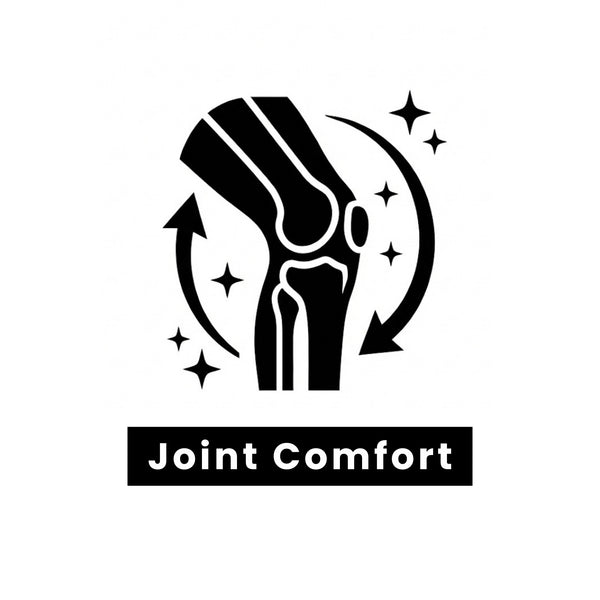 Copper bracelet benefit for 'Joint Comfort' featuring a stylized illustration of a knee joint on a white background.