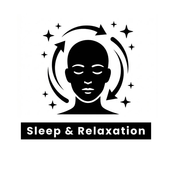 Copper bracelet benefit with a silhouette of a person's head, circular arrows, and stars with 'Sleep & Relaxation' text below.