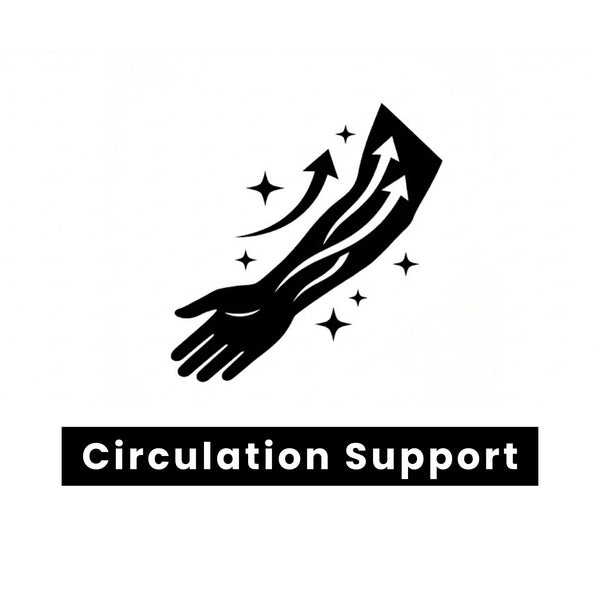 Copper bracelet benefit of a hand and arm with arrows and stars, labeled 'Circulation Support' on a white background.