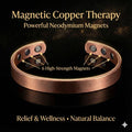 Copper bracelet with magnets labeled 'Magnetic Copper Therapy' on a dark background