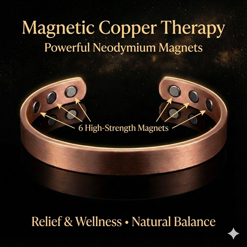 Copper bracelet with magnets labeled 'Magnetic Copper Therapy' on a dark background