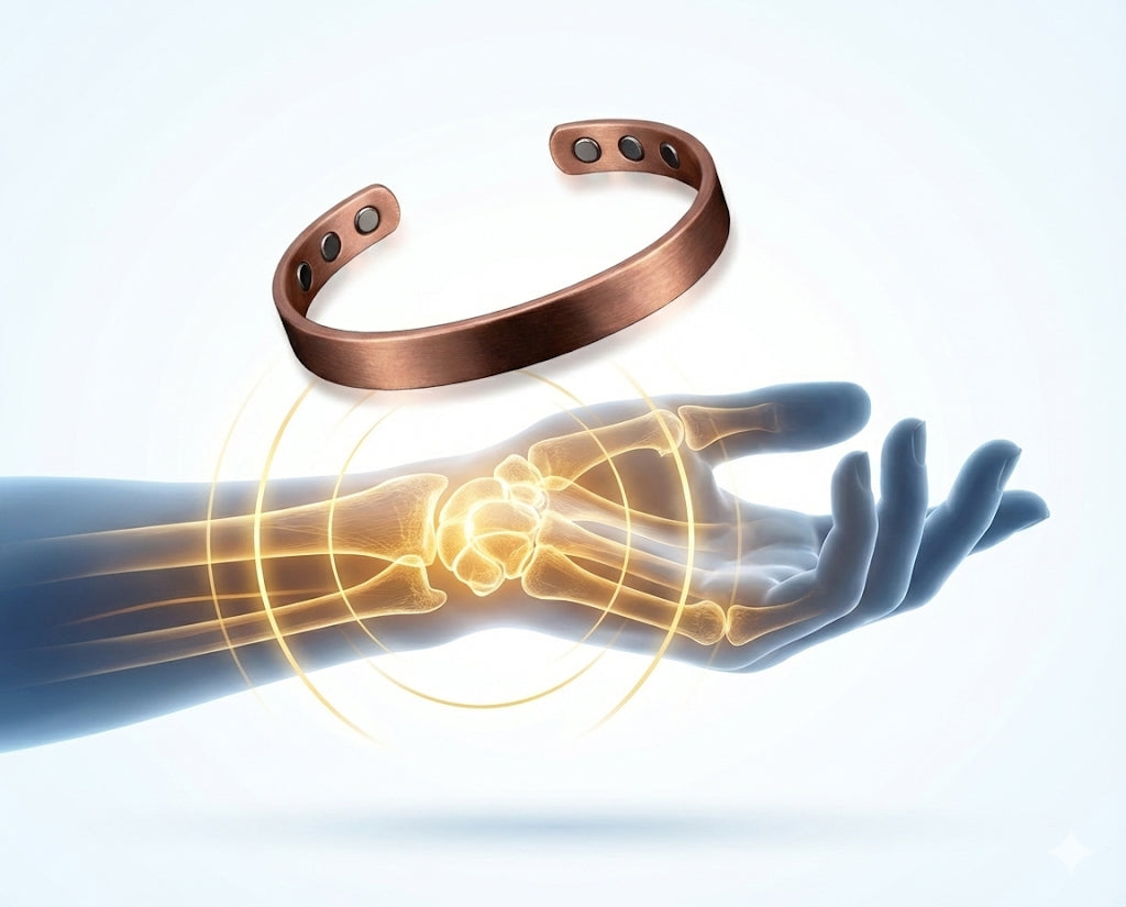 Copper wristband on a hand with glowing effects, likely indicating health or wellness benefits.
