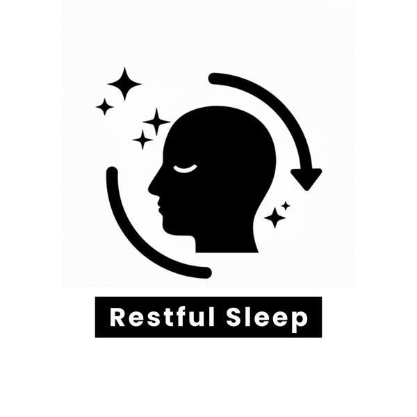 Tesla disc Benefit icon Black silhouette of a head with closed eyes and stars, accompanied by the text 'Restful Sleep' on a white background.