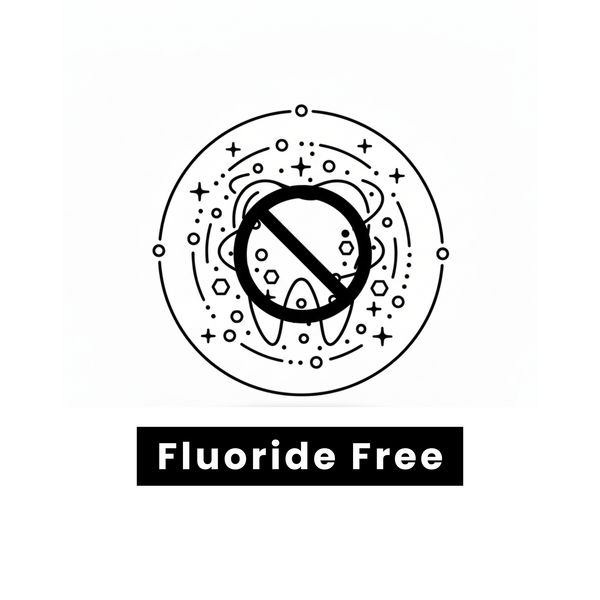Ormus Botanical Flouride Free Toothpaste Benefit Fluoride free symbol with a crossed-out tooth and 'Fluoride Free' text on a white background