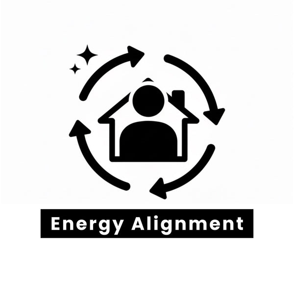 Tesla disc Benefit icon with a person inside a house surrounded by arrows and stars, labeled 'Energy Alignment'.