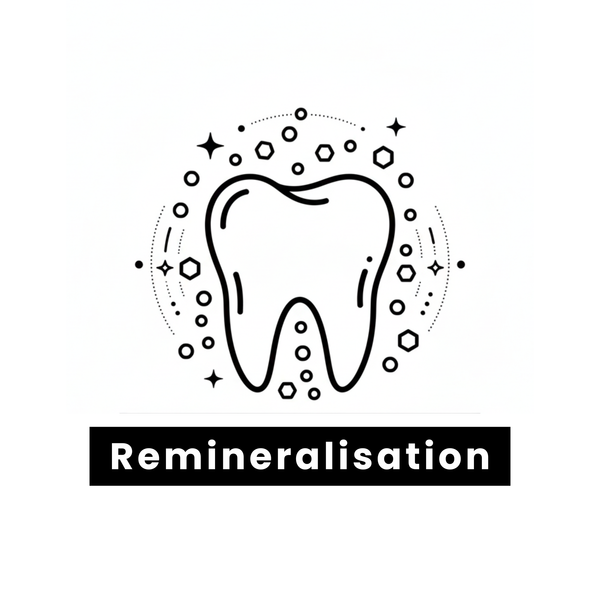 Ormus Botanical Flouride Free Toothpaste Benefit Illustration of a tooth with stars and dots around it, labeled 'Remineralisation' on a white background.