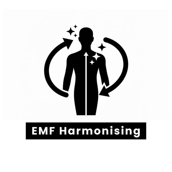 Tesla disc Benefit icon with a silhouette of a person and circular arrows, labeled 'EMF Harmonising'.
