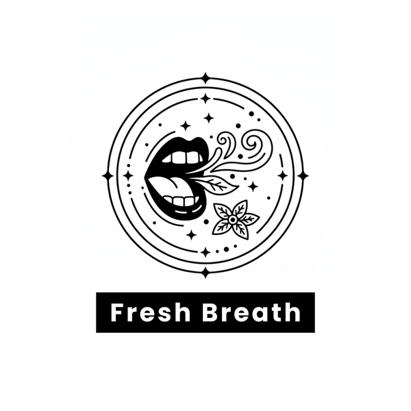 Ormus Botanical Flouride Free Toothpaste Benefit Logo with a stylized mouth and floral elements, labeled 'Fresh Breath'.