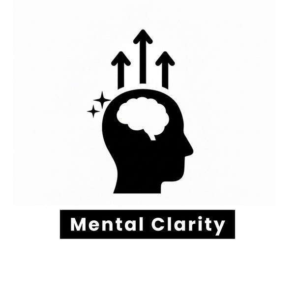 Tesla disc Benefit icon with a silhouette of a head, brain, and arrows pointing upwards with the text 'Mental Clarity' below.