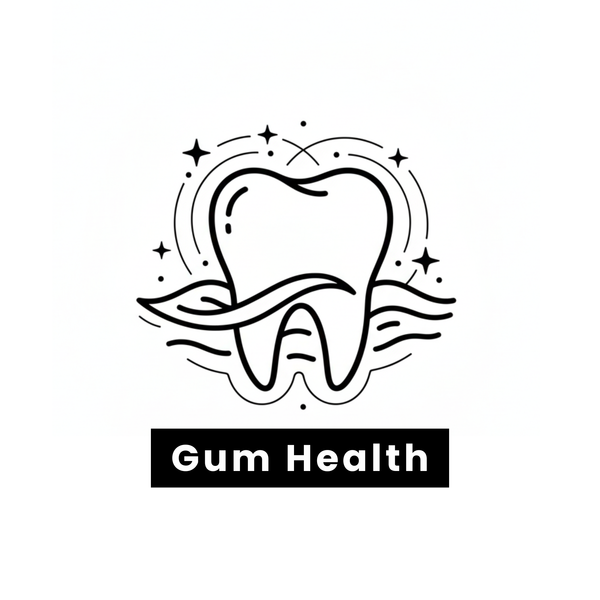 Ormus Botanical Flouride Free Toothpaste Benefit Logo of a tooth with leaves and 'Gum Health' text on a white background