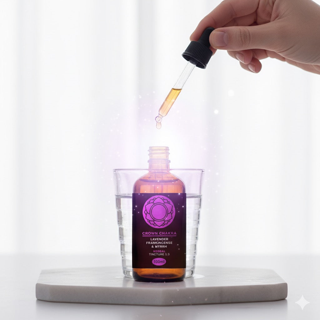 Hand using a dropper to add liquid from a purple bottle into a glass on a white background
