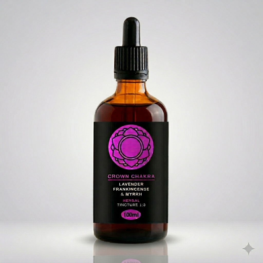 Bottle of Crown Chakra herbal tincture with a purple label on a gray background