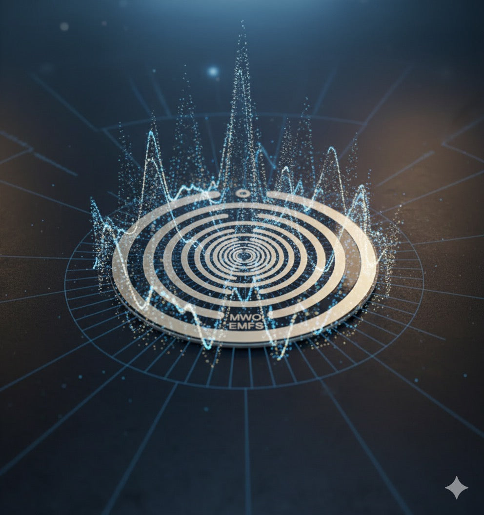 Tesla energy disc Circular design with concentric circles and wave patterns on a dark background