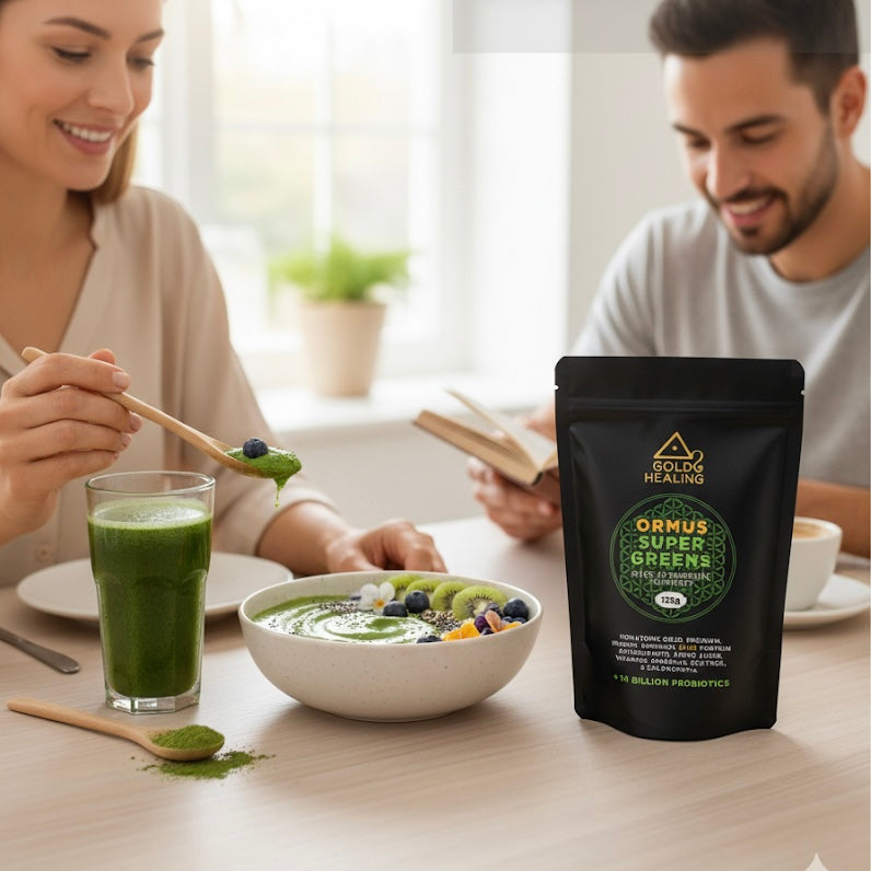Two people enjoying a healthy meal with Golds Healing ORMUS Super Greens package on a table.