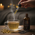 Hand dropping liquid from a dropper into a steaming cup of tea with a bottle labeled 'Lucid Dreaming' in the background.