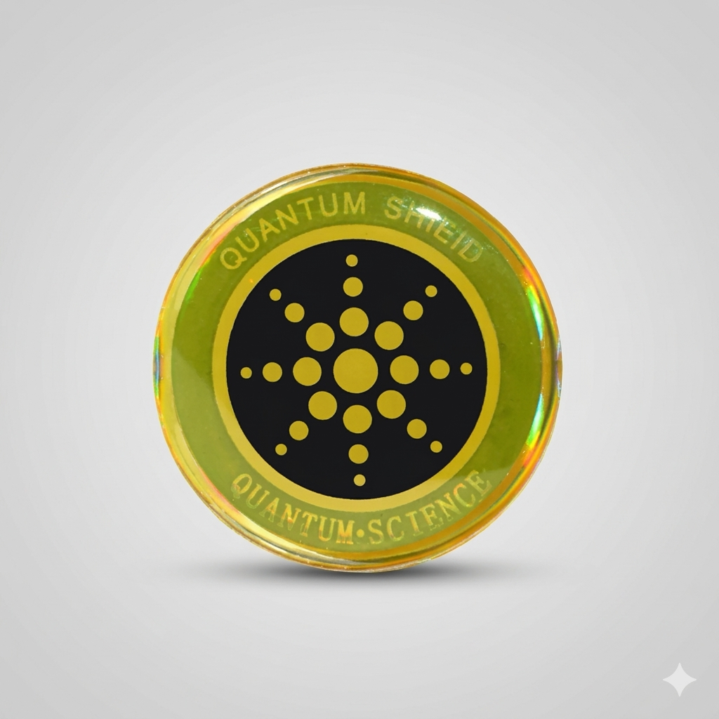 Round metallic object with 'Quantum Shield' and 'Quantum Science' text on a gray background