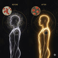 Effects of EMF Illustration of a human body with a before and after comparison of red blood cells on a dark background.