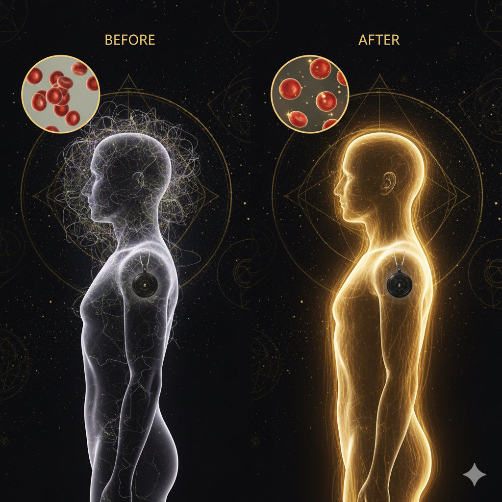 Effects of EMF Illustration of a human body with a before and after comparison of red blood cells on a dark background.