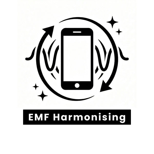 Benefit Logo with a phone and flames, labeled 'EMF Harmonising' on a white background