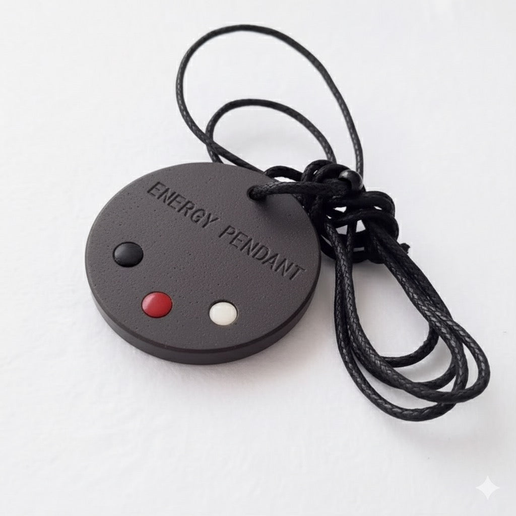 Back of  energy pendant with buttons on a white background