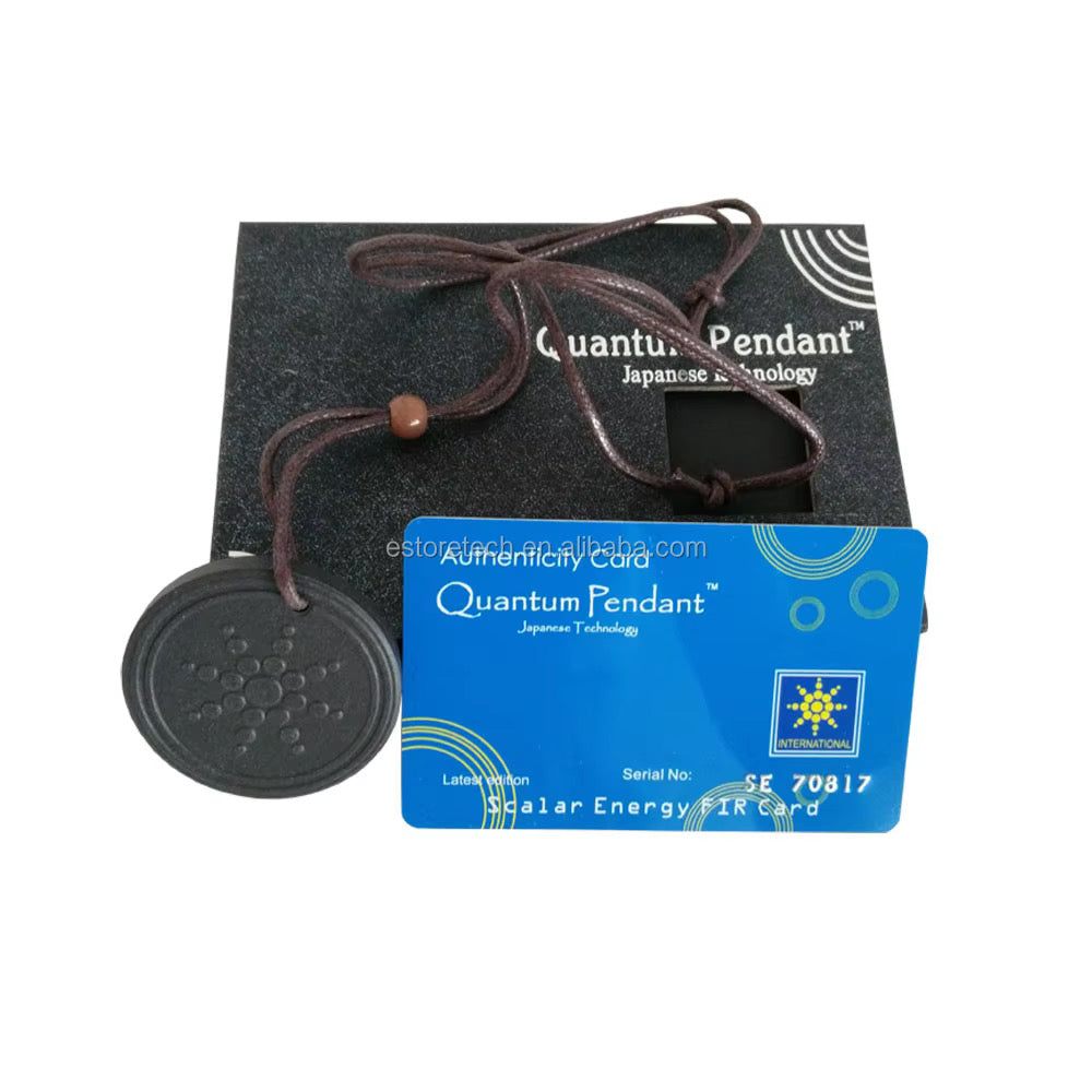 Quantum Pendant with authenticity card on a white background