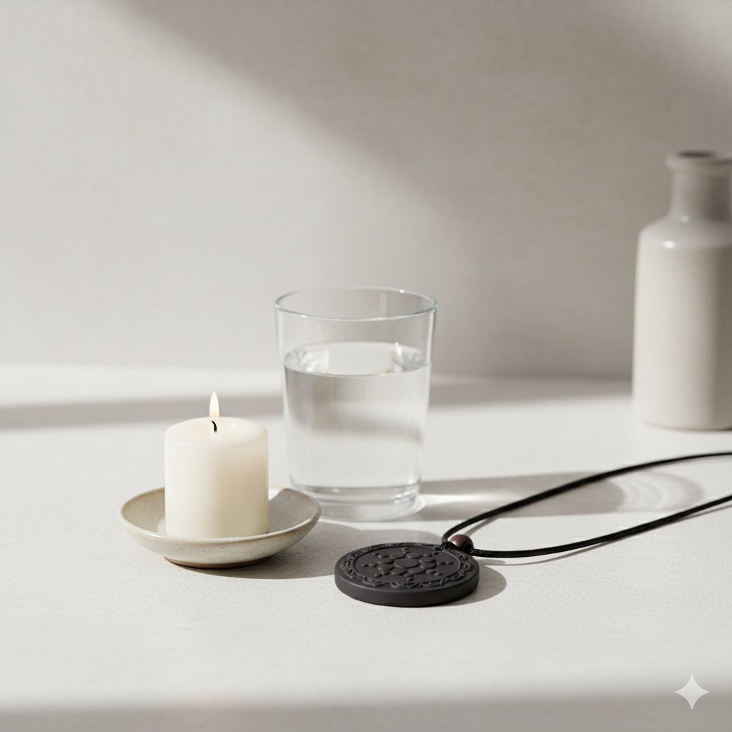Candle, glass of water, and necklace on a light surface with a neutral background