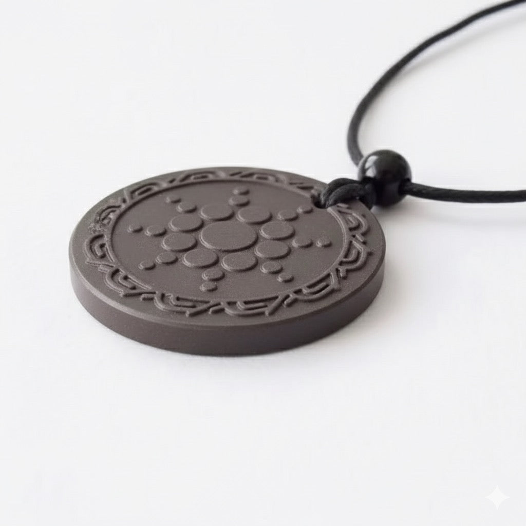 Round pendant with intricate design on a black cord against a white background