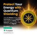 Advertisement for quantum shielding phone sticker with glowing emblem and text on a dark background