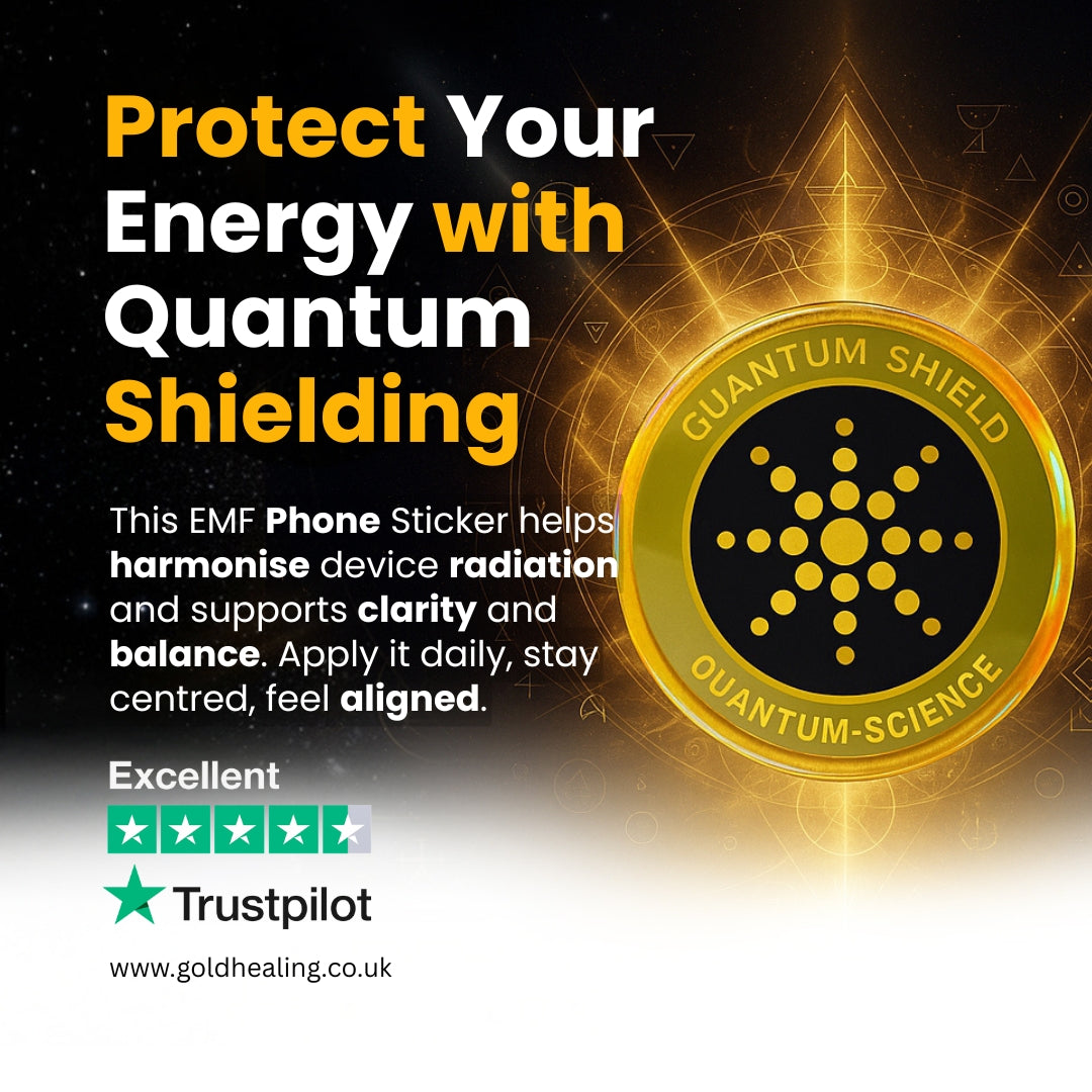 Advertisement for quantum shielding phone sticker with glowing emblem and text on a dark background