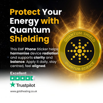 Advertisement for quantum shielding phone sticker with glowing emblem and text on a dark background