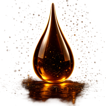 A glossy amber liquid droplet with sparkling golden particles inside, resting on a dark reflective surface against a clean white background with subtle gold speckles.