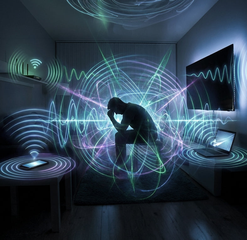 Emf health Person sitting in a dark room with electronic devices and colorful light patterns.