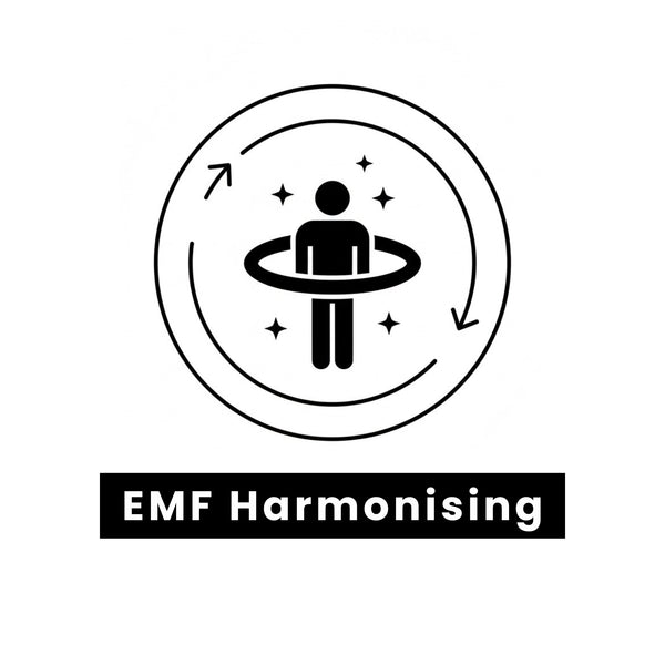 EMF necklace benefit icon with a person silhouette inside a circle, surrounded by arrows and stars, with 'EMF Harmonising' text below.