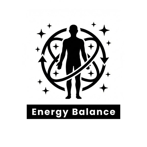 Benefit Logo with a silhouette of a person standing in a circle surrounded by stars, with 'Energy Balance' text below.