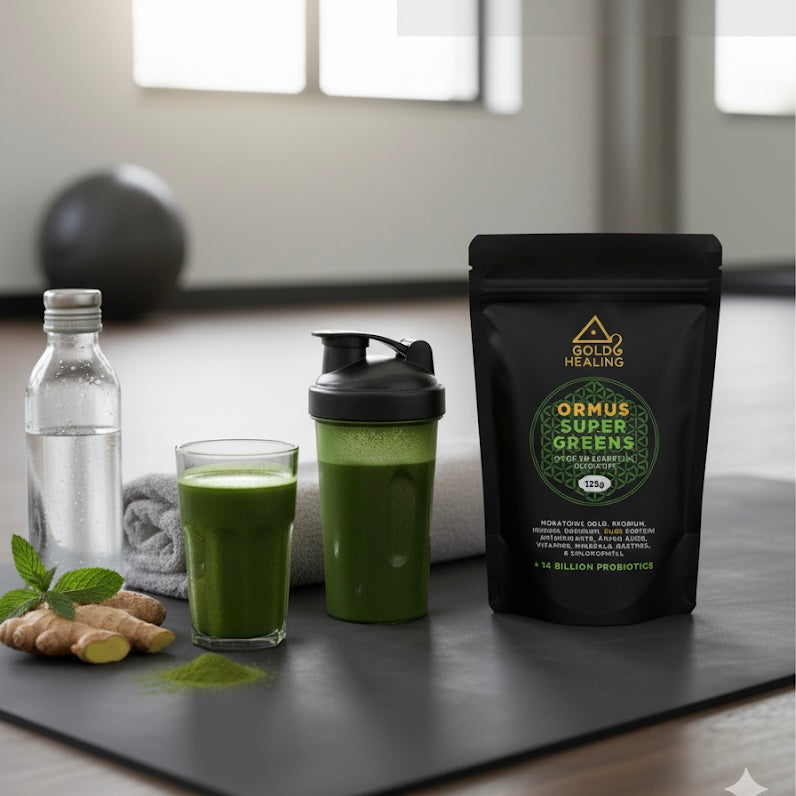 Green smoothie with a shaker, water bottle, and 'Gold Healer' package on a table.