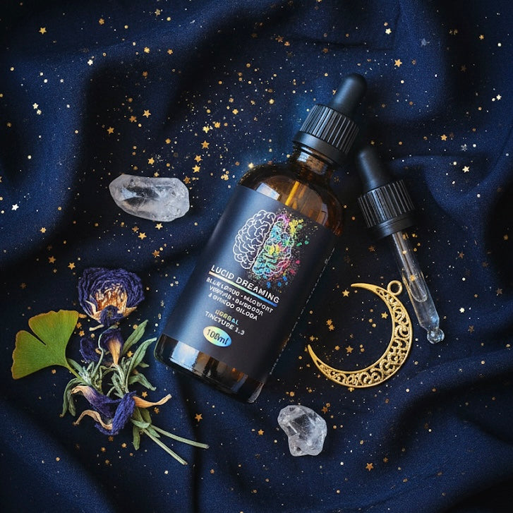 Bottle and dropper of 'Lucid Dreaming' product on a dark fabric background with celestial elements.