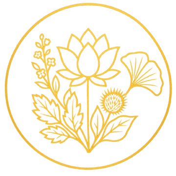 A circular gold vector illustration featuring botanical elements including a lotus flower, ginkgo leaf, and leaves, centered on a solid white background.