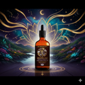 Bottle of 'Exotic Gold' against a mystical landscape with lotus flower and celestial elements.