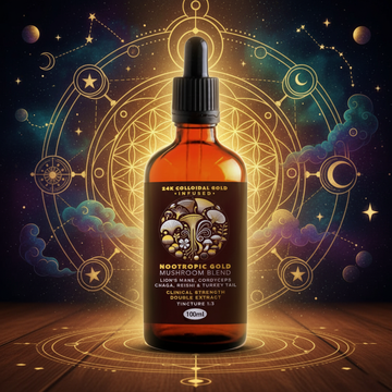 About us page product Bottle of Nootropic Gold mushroom tincture with astrological design in the background