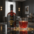 Colloidal Gold 24k bottle and glass showcasing wellness benefits and rich ruby-red color in elegant setting.