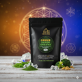 Black package of Ormus Super Greens with ingredients on a wooden surface and abstract background