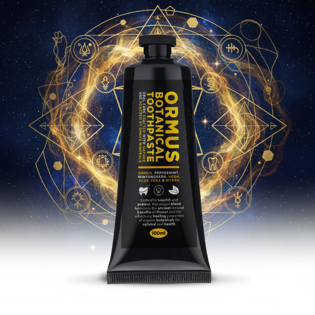 ORMUS Botanical Toothpaste tube with mystical background