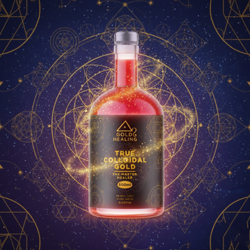 About us page Bottle of 'Gold Healing' colloidal gold with a mystical background