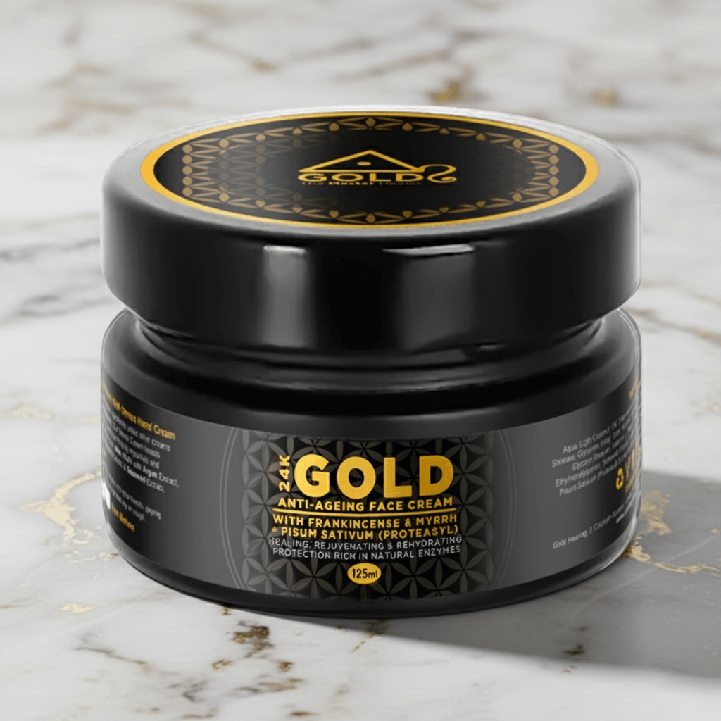Gold Anti-Ageing Face-Cream in a sleek black jar with gold details, highlighting wellness benefits for skin rejuvenation.